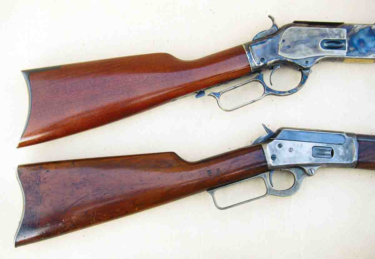 Early modern firearms usually featured considerable drop in the stock. At top is a Uberti reproduction of the Winchester Model 1873, while the Marlin Model 1894 (bottom) featured less drop at the comb but was nonetheless designed specifically for iron (or open) sights.